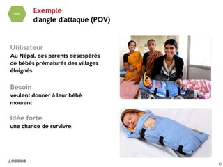 17
Exemple 

d’angle d’attaque (POV)
Utilisateur

Au Népal, des parents désespérés
de bébés prématurés des villages
éloignés

Besoin

veulent donner à leur bébé
mourant

Idée forte

une chance de survivre.
 
