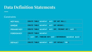 Data Definition Statements
Constraints
NOT NULL CREATE TABLE mytable1 (col1 INT NOT NULL);
PRIMARY KEY CREATE TABLE mytable1 (col1 INT, PRIMARY KEY (col1));
UNIQUE CREATE TABLE mytable1 (col1 INT UNIQUE);
FOREIGN KEY CREATE TABLE mytable1
(
col1 INT, FOREIGN KEY(col1) REFERENCES mytable2(mycol)
);
DEFAULT CREATE TABLE mytable1 (col1 INT DEFAULT 100);
 