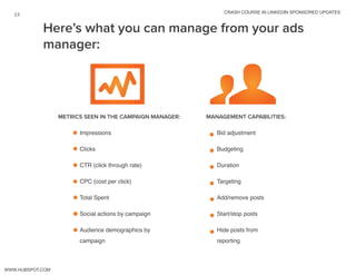 crash course in linkedin sponsored updates
13
www.Hubspot.com
Metrics seen in the Campaign Manager:
Impressions
Clicks
CTR (click through rate)
CPC (cost per click)
Total Spent
Social actions by campaign
Audience demographics by
campaign
Management Capabilities:
Bid adjustment
Budgeting
Duration
Targeting
Add/remove posts
Start/stop posts
Hide posts from
reporting
Here’s what you can manage from your ads
manager:
 