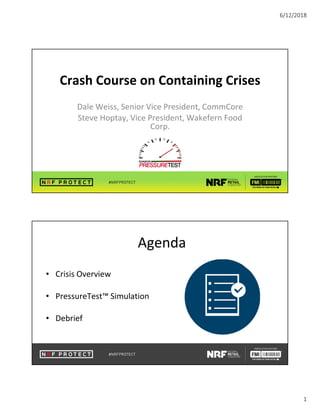 6/12/2018
1
Crash Course on Containing Crises
Dale Weiss, Senior Vice President, CommCore
Steve Hoptay, Vice President, Wakefern Food
Corp.
Agenda
• Crisis Overview
• PressureTest™ Simulation
• Debrief
 