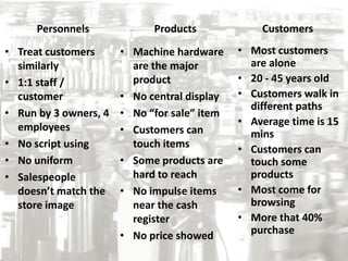 Personnels             Products             Customers

• Treat customers      • Machine hardware     • Most customers
  similarly              are the major          are alone
• 1:1 staff /            product              • 20 - 45 years old
  customer             • No central display   • Customers walk in
                                                different paths
• Run by 3 owners, 4   • No “for sale” item
  employees                                   • Average time is 15
                       • Customers can          mins
• No script using        touch items          • Customers can
• No uniform           • Some products are      touch some
• Salespeople            hard to reach          products
  doesn’t match the    • No impulse items     • Most come for
  store image            near the cash          browsing
                         register             • More that 40%
                       • No price showed        purchase
 