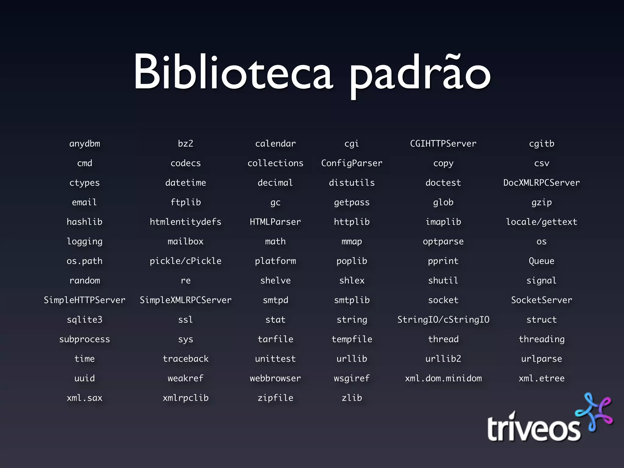 Biblioteca padrão
     anydbm               bz2            calendar         cgi          CGIHTTPServer           cgitb

      cmd                codecs         collections   ConfigParser          copy                csv

     ctypes             datetime          decimal      distutils          doctest         DocXMLRPCServer

     email               ftplib             gc          getpass             glob               gzip

    hashlib          htmlentitydefs     HTMLParser      httplib           imaplib         locale/gettext

    logging             mailbox            math           mmap            optparse              os

    os.path          pickle/cPickle      platform        poplib            pprint              Queue

     random                re             shelve         shlex             shutil             signal

SimpleHTTPServer   SimpleXMLRPCServer      smtpd        smtplib            socket          SocketServer

    sqlite3               ssl              stat          string      StringIO/cStringIO       struct

   subprocess             sys             tarfile       tempfile           thread            threading

      time             traceback         unittest        urllib           urllib2            urlparse

      uuid              weakref         webbrowser      wsgiref       xml.dom.minidom        xml.etree

    xml.sax            xmlrpclib          zipfile         zlib
 