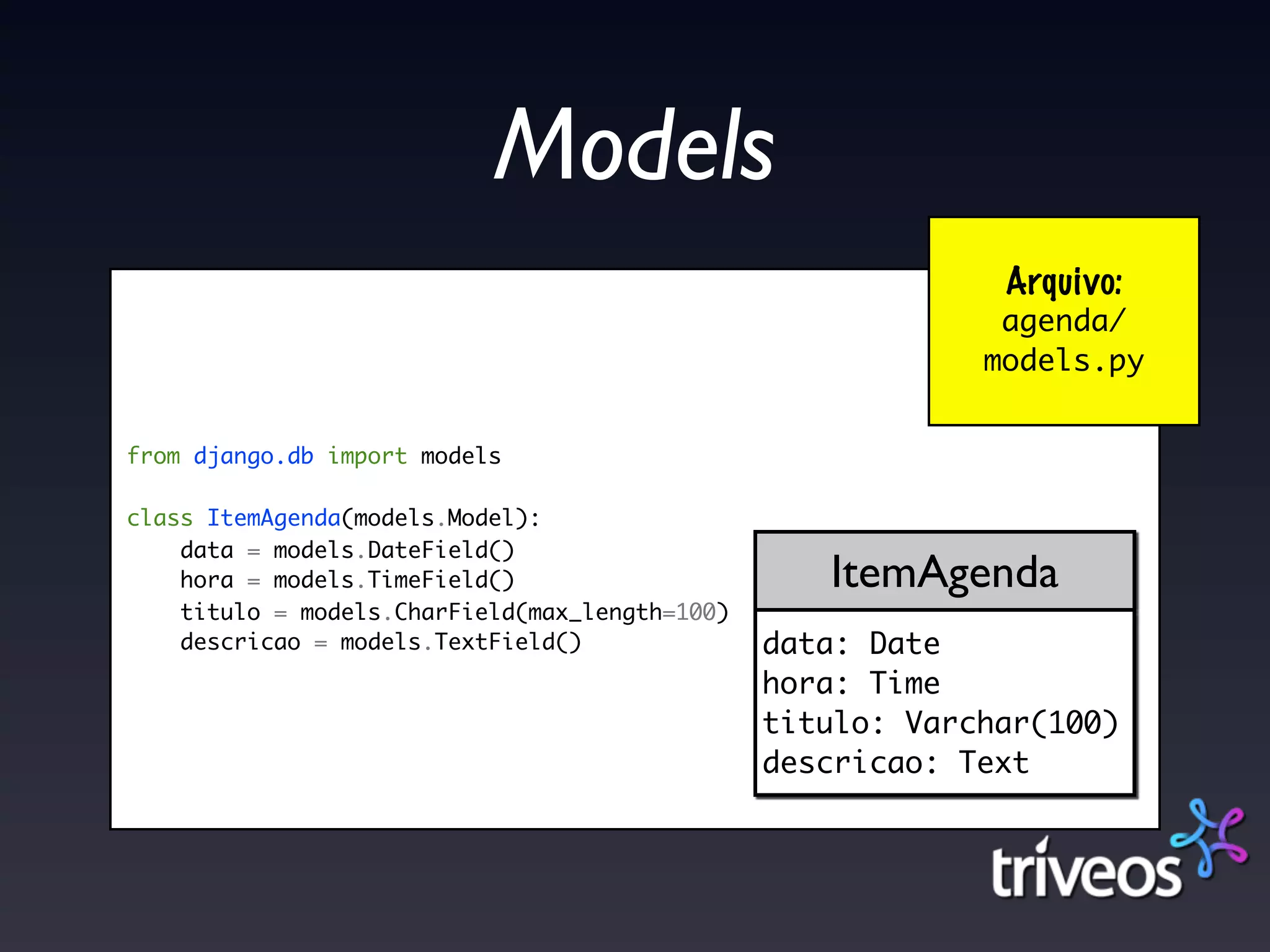 Models
                                                             Arquivo:
                                                             agenda/
                                                            models.py


from django.db import models

class ItemAgenda(models.Model):
    data = models.DateField()
    hora = models.TimeField()                      ItemAgenda
    titulo = models.CharField(max_length=100)
    descricao = models.TextField()              data: Date
                                                hora: Time
                                                titulo: Varchar(100)
                                                descricao: Text
 