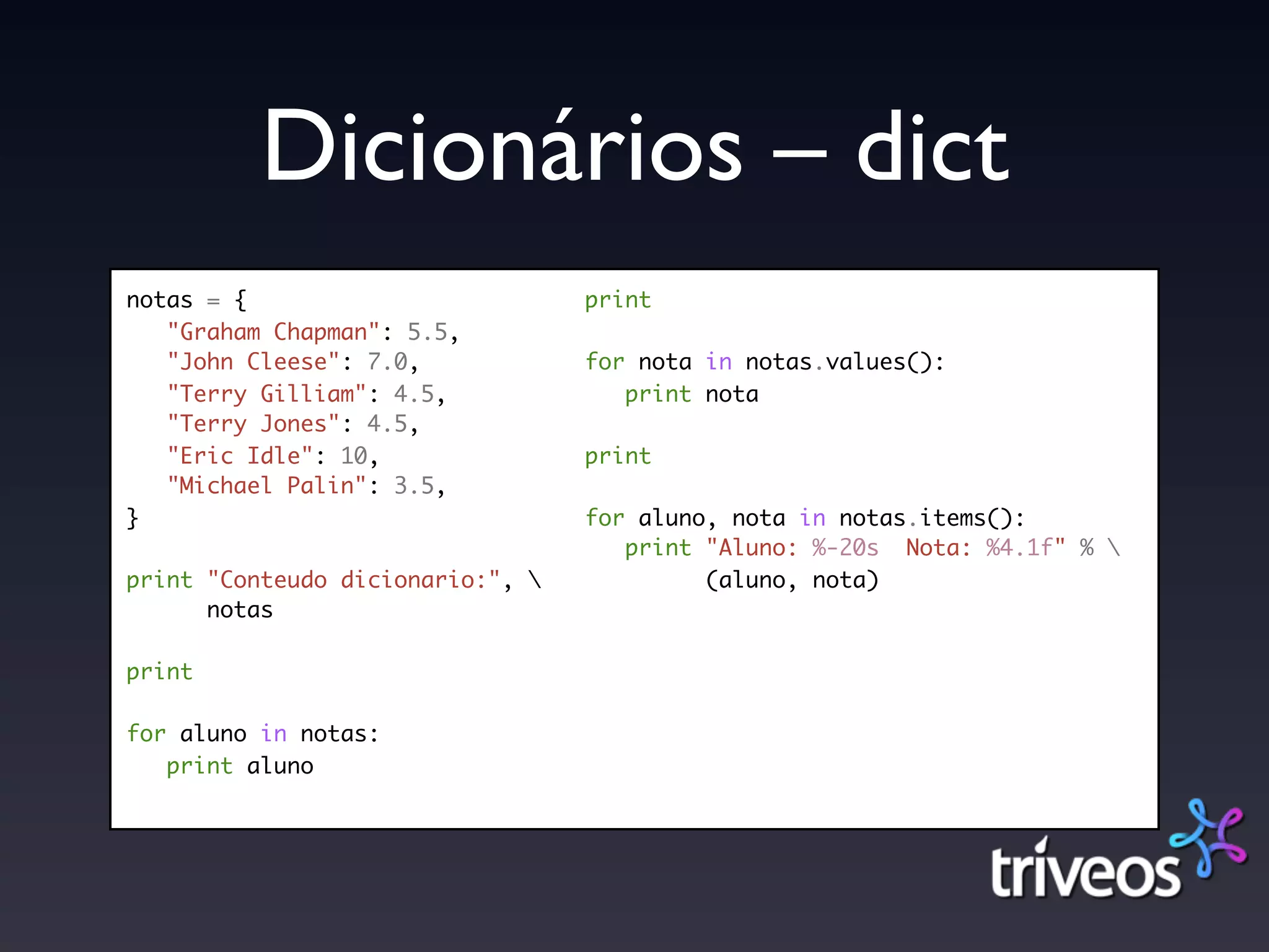 Dicionários – dict
notas = {                         print
   "Graham Chapman": 5.5,
   "John Cleese": 7.0,            for nota in notas.values():
   "Terry Gilliam": 4.5,             print nota
   "Terry Jones": 4.5,
   "Eric Idle": 10,               print
   "Michael Palin": 3.5,
}                                 for aluno, nota in notas.items():
                                     print "Aluno: %-20s Nota: %4.1f" % 
print "Conteudo dicionario:",             (aluno, nota)
      notas

print

for aluno in notas:
   print aluno
 