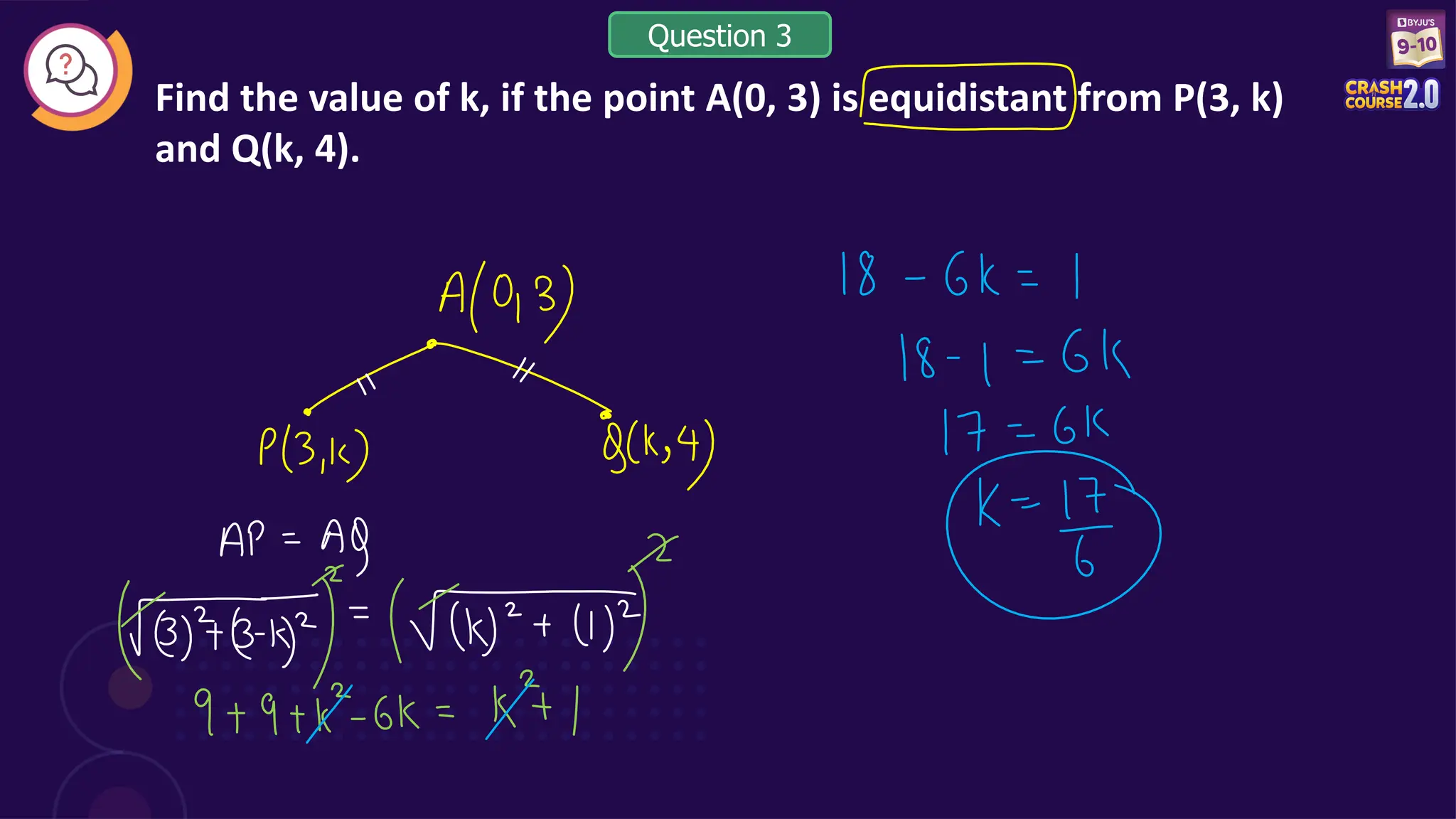 Find the value of k, if the point A(0, 3) is equidistant from P(3, k)
and Q(k, 4).
Question 3
 