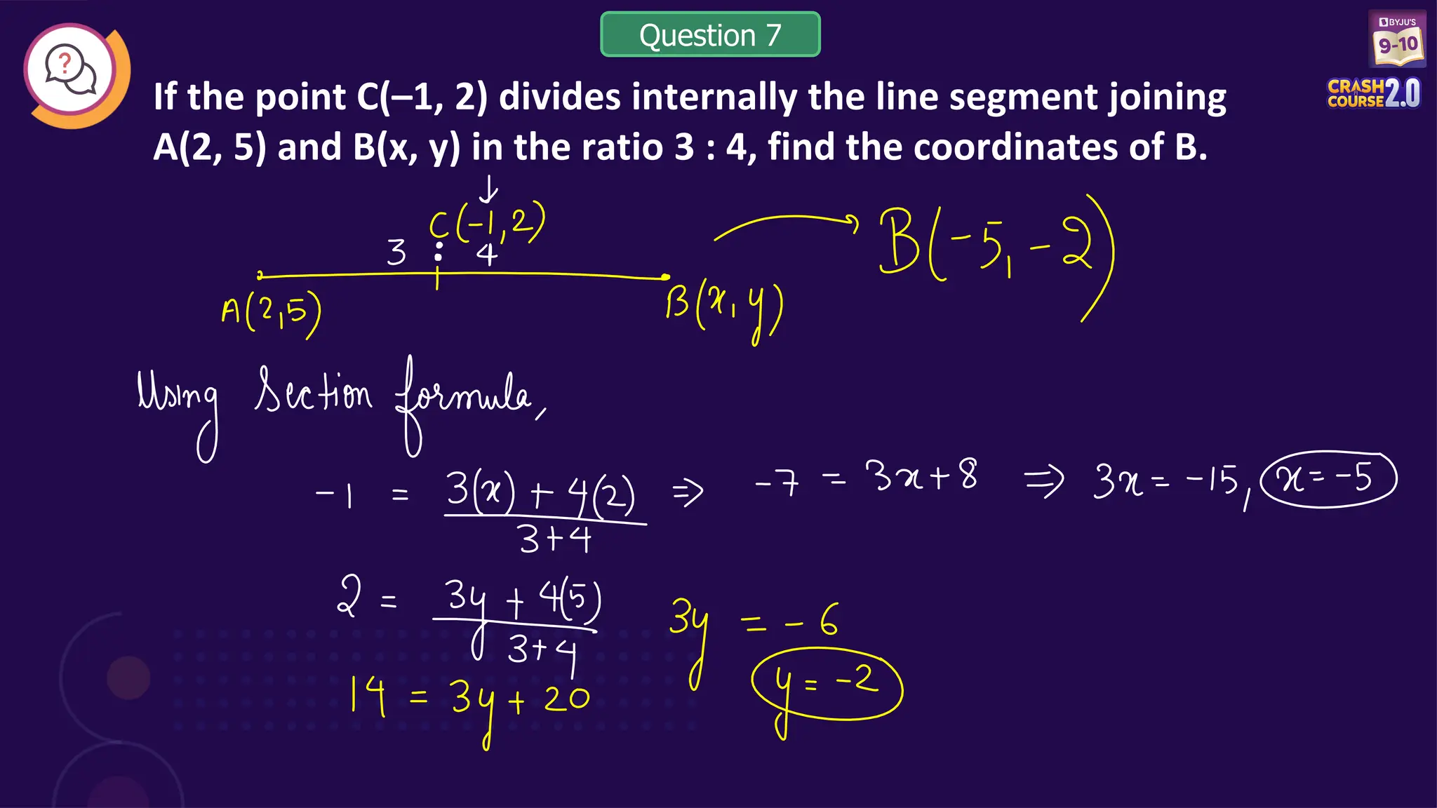 If the point C(–1, 2) divides internally the line segment joining
A(2, 5) and B(x, y) in the ratio 3 : 4, find the coordinates of B.
Question 7
 
