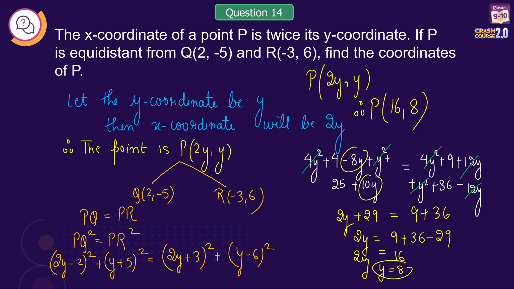 The x-coordinate of a point P is twice its y-coordinate. If P
is equidistant from Q(2, -5) and R(-3, 6), find the coordinates
of P.
Question 14
 