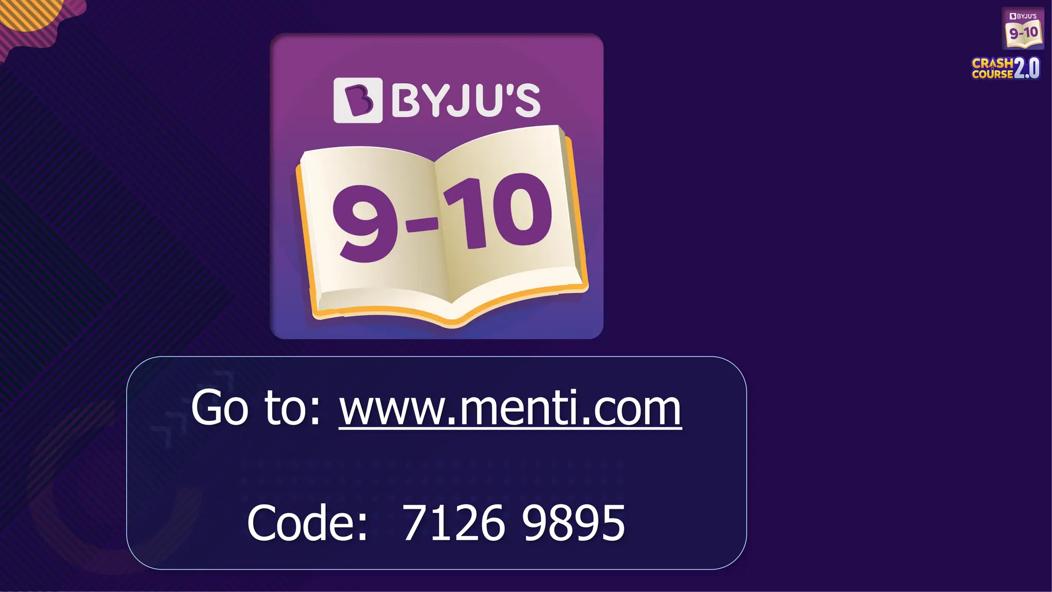Go to: www.menti.com
Code: 7126 9895
 