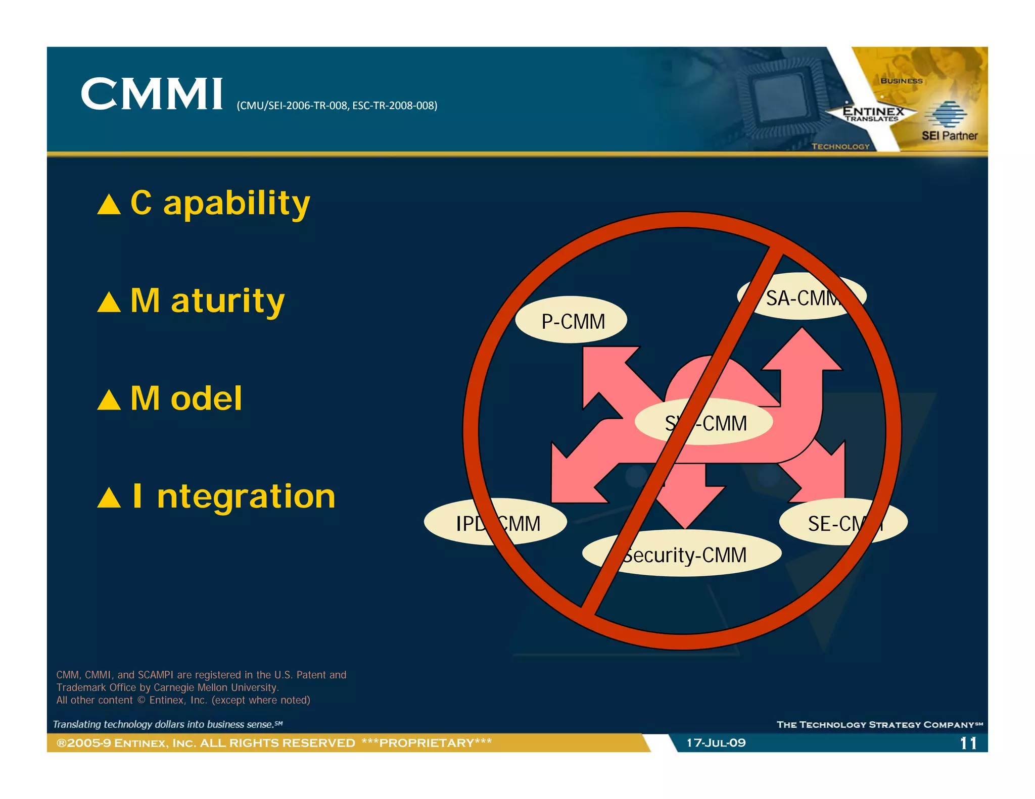 CMMI                            (CMU/SEI‐2006‐TR‐008, ESC‐TR‐2008‐
                                    (CMU/SEI‐2006‐TR‐008, ESC‐TR‐2008‐008)




              C apability

              M aturity                                                                P-CMM
                                                                                                                 SA-CMM




              M odel
                                                                                                   SW-CMM


              I ntegration
                                                                             IPD-CMM                                SE-CMM
                                                                                               Security-CMM
                                                                                               S    it CMM




CMM, CMMI, and SCAMPI are registered in the U.S. Patent and
Trademark Office by Carnegie Mellon University.
All other content © Entinex, Inc. (except where noted)



®2005-9 Entinex, Inc. ALL RIGHTS RESERVED ***PROPRIETARY***                                          17-Jul-09               11
 
