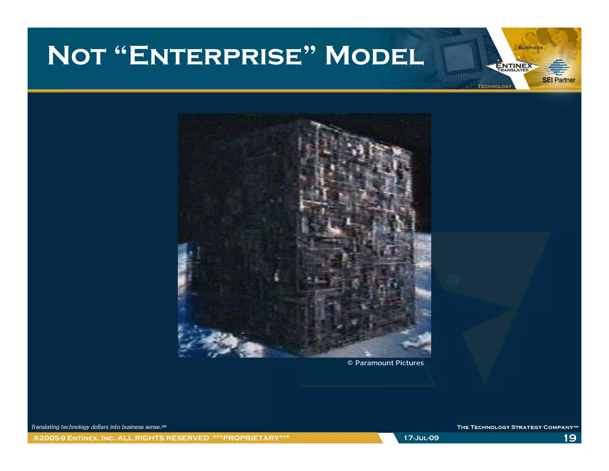 Not “Enterprise” Model




                                                              © Paramount Pictures




®2005-9 Entinex, Inc. ALL RIGHTS RESERVED ***PROPRIETARY***                 17-Jul-09   19
 