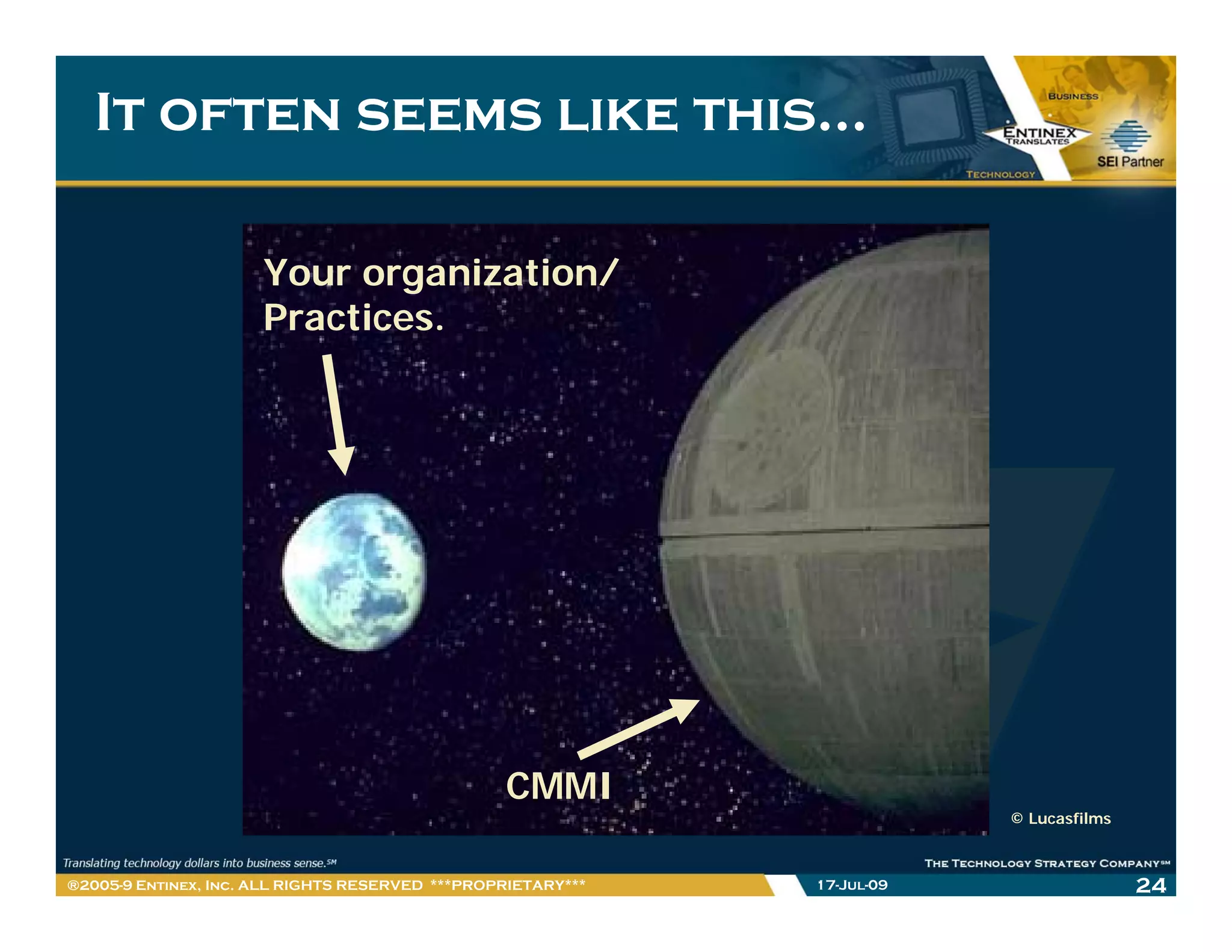 It often seems like this…

                      Your organization/
                      Practices.




                                                 CMMI
                                                                          © Lucasfilms



®2005-9 Entinex, Inc. ALL RIGHTS RESERVED ***PROPRIETARY***   17-Jul-09                  24
 