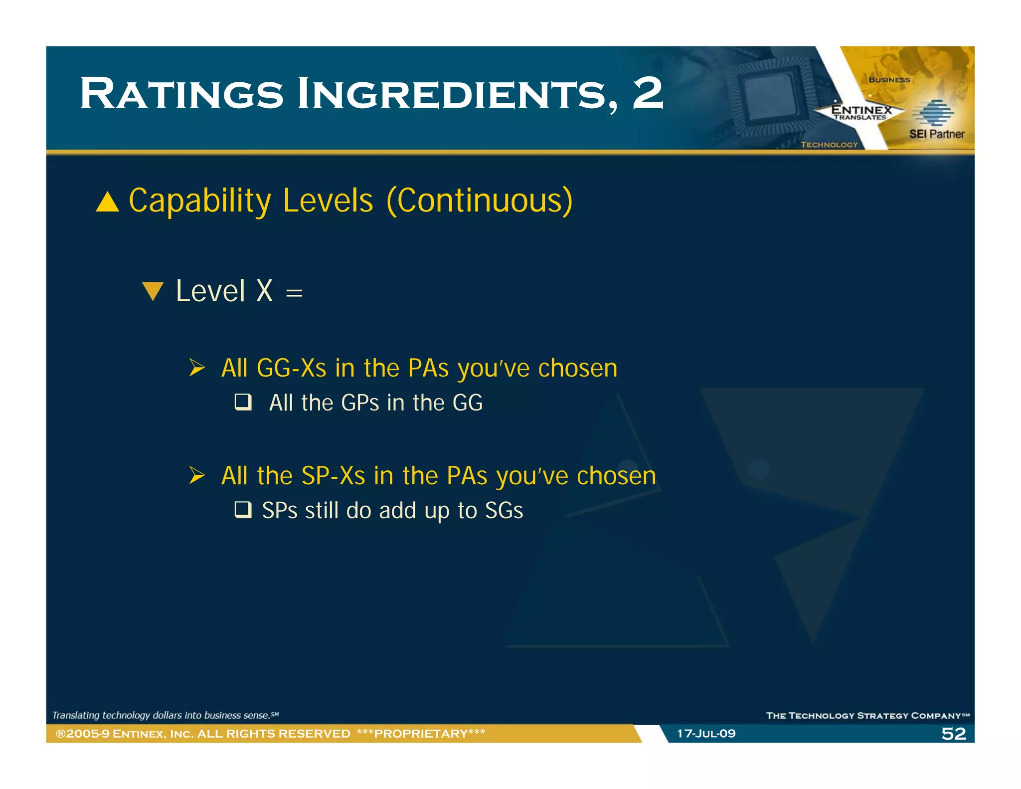 Ratings Ingredients, 2

         Capability Levels (Continuous)

                Level X =

                      All GG-Xs in the PAs you’ve chosen
                             All the GPs in the GG


                      All the SP-Xs in the PAs you’ve chosen
                            SPs still do add up to SGs




®2005-9 Entinex, Inc. ALL RIGHTS RESERVED ***PROPRIETARY***    17-Jul-09   52
 