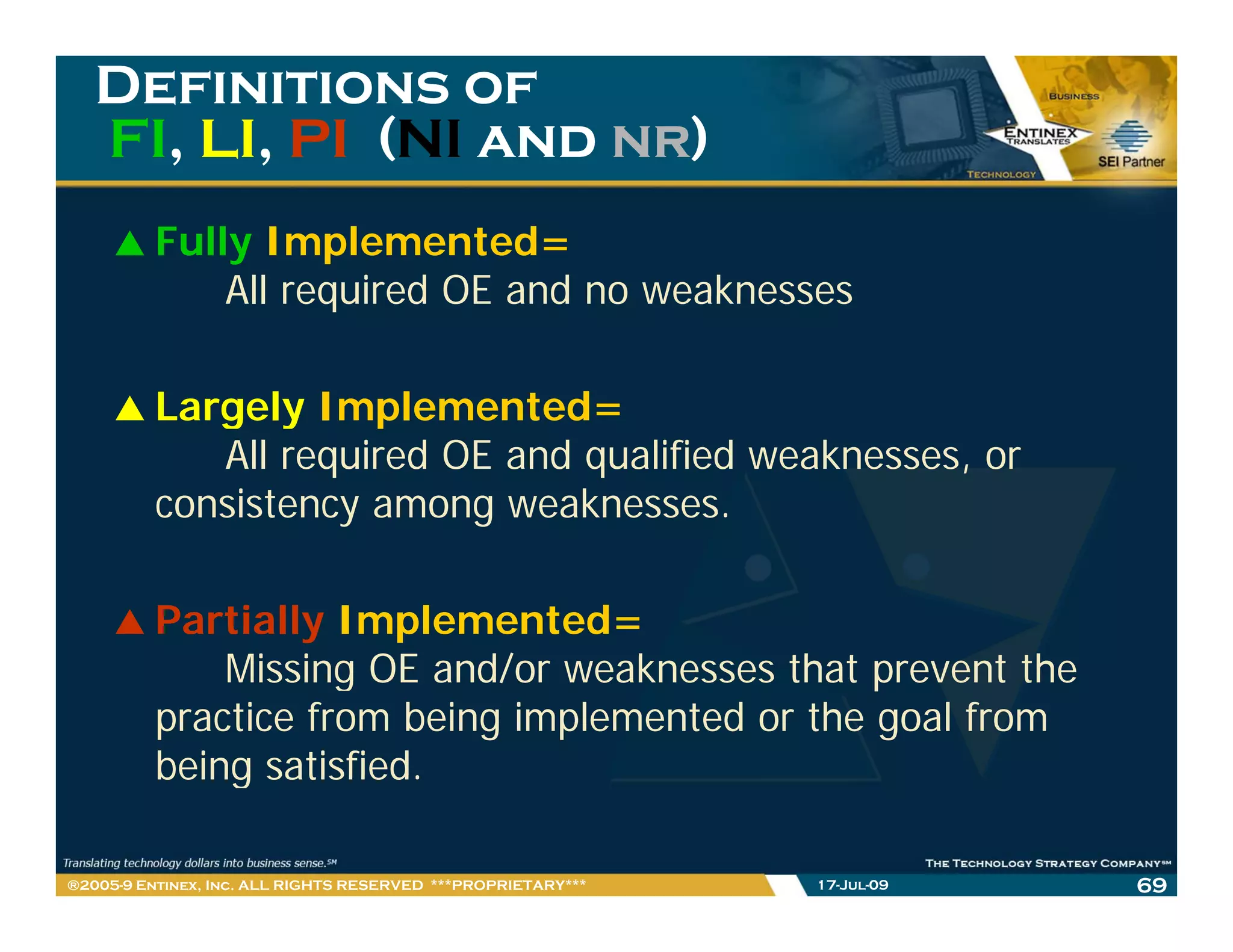 Definitions of
   FI, LI,
   FI, LI, PI (NI and nr)
                      nr)
         Fully Implemented=
             All required OE and no weaknesses

         Largely Implemented=
                  Implemented
            All required OE and qualified weaknesses, or
         consistency among weaknesses.

         Partially Implemented=
             Missing
             Mi i OE and/or weaknesses that prevent the
                           d/      k       th t        t th
         practice from being implemented or the goal from
         being satisfied.

®2005-9 Entinex, Inc. ALL RIGHTS RESERVED ***PROPRIETARY***   17-Jul-09   69
 