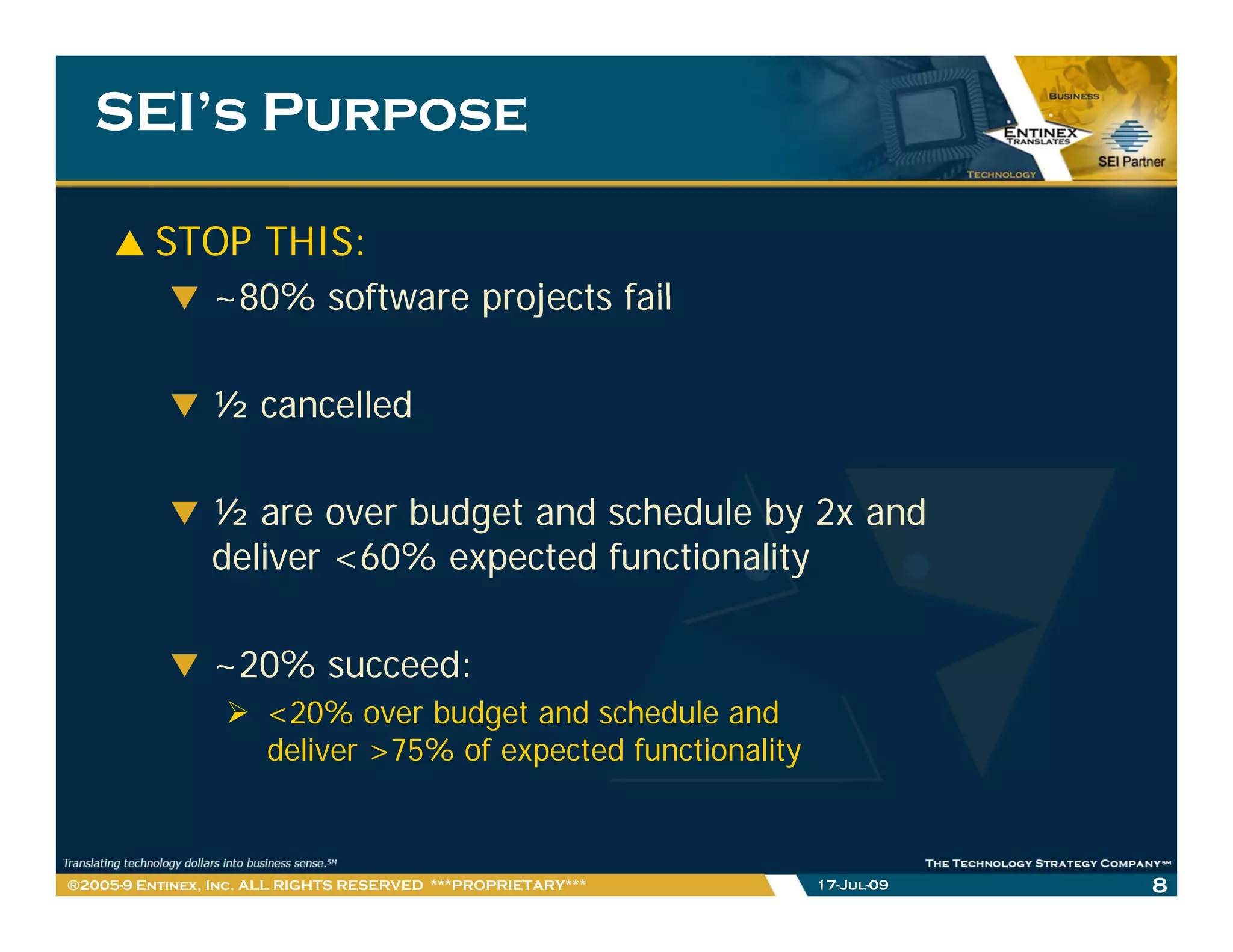 SEI’s Purpose

         STOP THIS:
                ~80% software projects fail

                ½ cancelled

                ½ are over budget and schedule by 2x and
                deliver <60% expected functionality

                ~20% succeed:
                 20%       d
                      <20% over budget and schedule and
                      deliver >75% of expected functionality



®2005-9 Entinex, Inc. ALL RIGHTS RESERVED ***PROPRIETARY***    17-Jul-09   8
 