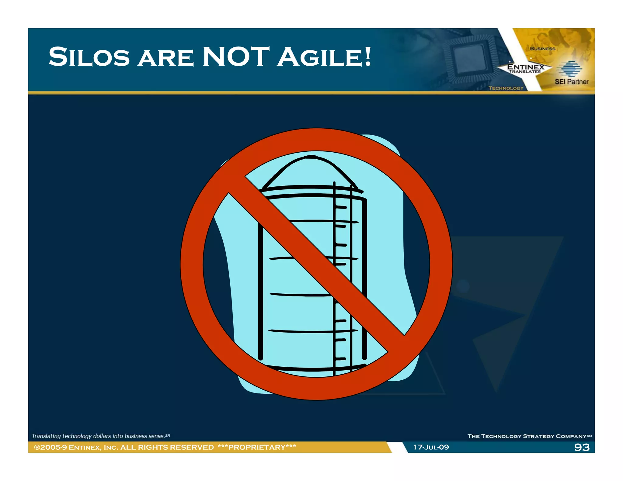 Silos are NOT Agile!




®2005-9 Entinex, Inc. ALL RIGHTS RESERVED ***PROPRIETARY***   17-Jul-09   93
 