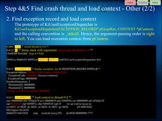 Step 4&5 Find crash thread and load context - Other (2/2)
2. Find exception record and load context
      The prototype of KiUserExceptionDispatcher is
      KiUserExceptionDispatcher(EXCEPTION_RECORD* pExcptRec, CONTEXT *pContext)
      and the calling convention is _stdcall. Hence, the argument-passing order is right
      to left. You can load execution context from pContext.
0:000> ~12s /* switch thread to #12 */
0:012> kb /* dump stack with arguments Stack length: the default is 20 */
ChildEBP RetAddr Args to Child
...
049ff1cc 00d665f3 009ff1e4 049ff234 049ff1e4 ntdll!KiUserExceptionDispatcher+0xf
...

0:012> .exr 049FF1E4 /* display exception (or dt EXCEPTION_RECORD 049ff1e4 */
                                                                         )
ExceptionAddress: 00d665f3 (MLEngine+0x000165f3)
  ExceptionCode: c0000005 (Access violation)
 ExceptionFlags: 00000000
NumberParameters: 2
  Parameter[0]: 00000000
  Parameter[1]: 00000000
Attempt to read from address 00000000

0:012> .cxr 049FF234 /* load context to thread #12 */
eax=00000000 ebx=038d2a74 ecx=00000029 edx=049ff56c esi=00000000 edi=038d2a70
eip=00d665f3 esp=049ff51c ebp=049ff528 iopl=0     nv up ei pl nz na po nc
cs=0023 ss=002b ds=002b es=002b fs=0053 gs=002b            efl=00010202
MLEngine+0x165f3:
00d665f3 6683382f      cmp word ptr [eax],2Fh    ds:002b:00000000=????
 