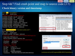 Step 6&7 Find crash point and map to source code (2/3)
Check binary version and timestamp
0:012> lmD /* list modules */
start end     module name
012f0000 01445000 MLEngine (deferred)
10100000 1010e000 lgscroll (deferred)
690b0000 6910f000 sxs         (deferred)
69620000 6964b000 ATL90          (deferred)
6a010000 6a168000 msxml6 (deferred)
6a170000 6a26b000 windowscodecs (deferred)
6a7d0000 6a7e6000 thumbcache (deferred)
6a7f0000 6a81f000 WICMediaParser (deferred)
73660000 736ee000 msvcp90 (deferred)

0:012> lmD vm MLEngine /* list detail modules info */
Browse full module list
start end       module name
012f0000 01445000 MLEngine (deferred)
   Image path: c:Program Files (x86)CorelMLE2MLEngine.exe
   Image name: MLEngine.exe
   Browse all global symbols functions data
   Timestamp:        Fri Mar 18 14:28:59 2011 (4D82FBAB)
   CheckSum:         0015CB7D
   ImageSize:       00155000
   File version: 2.0.0.119
   Product version: 2.0.0.0
   File flags:   0 (Mask 3F)
   File OS:       4 Unknown Win32
   File type:    1.0 App
   File date:    00000000.00000000
   Translations: 0000.04b0 0000.04e4 0409.04b0 0409.04e4        corelcorp.corel.icsrdComponentSDKsMLE2SymbolServer
 