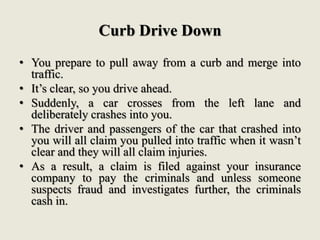 Curb Drive Down
• You prepare to pull away from a curb and merge into
traffic.
• It’s clear, so you drive ahead.
• Suddenl...