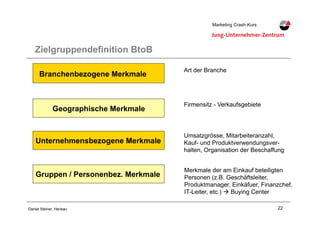 22Daniel Steiner, Herisau
Marketing Crash-KursMarketing Crash-Kurs
Zielgruppendefinition BtoB
Branchenbezogene Merkmale
Unternehmensbezogene Merkmale
Gruppen / Personenbez. Merkmale
Geographische Merkmale
Art der Branche
Firmensitz - Verkaufsgebiete
Umsatzgrösse, Mitarbeiteranzahl,
Kauf- und Produktverwendungsver-
halten, Organisation der Beschaffung
Merkmale der am Einkauf beteiligten
Personen (z.B. Geschäftsleiter,
Produktmanager, Einkäfuer, Finanzchef,
IT-Leiter, etc.) # Buying Center
 