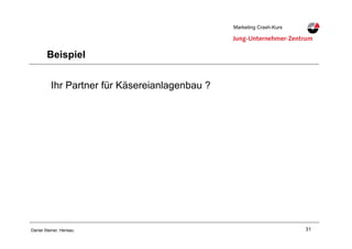 31Daniel Steiner, Herisau
Marketing Crash-KursMarketing Crash-Kurs
Beispiel
Ihr Partner für Käsereianlagenbau ?
 