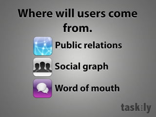 Where will users come
from.
Public relations
Social graph
Word of mouth