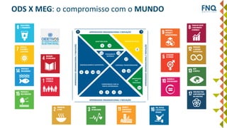 ADAPTABILIDADE GERAÇÃO DE VALOR
DESENVOLVIMENTO SUSTENTÁVEL
PENSAMENTO
SISTÊMICO
COMPROMISSO COM AS
PARTES INTERESSADAS
LIDERANÇA TRANSFORMADORA
ORIENTAÇÃO
POR
PROCESSOS
APRENDIZADO ORGANIZACIONAL E INOVAÇÃO
APRENDIZADO ORGANIZACIONAL E INOVAÇÃO
APRENDIZADOORGANIZACIONALEINOVAÇÃO
APRENDIZADOORGANIZACIONALEINOVAÇÃO
ODS X MEG: o compromisso com o MUNDO
12 13
7 5 16
1 2 3
6
17
8
5 10
16
4 9
14 15
11
 