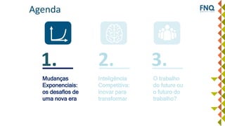 Inteligência
Competitiva:
inovar para
transformar
O trabalho
do futuro ou
o futuro do
trabalho?
Mudanças
Exponenciais:
os desafios de
uma nova era
Agenda
1. 2. 3.
 