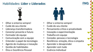 Habilidades: Líder e Liderados
• Olhar o entorno sempre!
• Cuide do seu cliente
• Liderança transformadora
• Conectar presente e futuro
• Formador de equipe
• Comunicação com a equipe
• Entender o papel da tecnologia
• Agente de mudança e inovação
• Gestão de habilidades
• Ética e Excelência Pessoal
• Olhar o entorno sempre!
• Cuide do seu cliente
• Pensamento crítico e proatividade
• Inovação e experimentação
• Trabalho em equipe
• Conexão: pessoas e tecnologia
• Resiliência: emoção, ética e empatia
• Aprender e desaprender
• Aprender com tudo
• Essência Individual
 