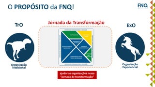 O PROPÓSITO da FNQ!
Jornada da Transformação
ADAPTABILIDADE GERAÇÃO DE
VALOR
DESENVOLVIMENTO
SUSTENTÁVEL
PENSAMENTO
SISTÊMICO
COMPROMISSO COM AS
PARTES INTERESSADAS
LIDERANÇA
TRANSFORMADORA
ORIENTAÇÃO
POR
PROCESSOS
APRENDIZADO ORGANIZACIONAL E INOVAÇÃO
APRENDIZADO ORGANIZACIONAL E INOVAÇÃO
APRENDIZADOORGANIZACIONALEINOVAÇÃO
APRENDIZADOORGANIZACIONALEINOVAÇÃO
ajudar as organizações nessa
“jornada de transformação”
 