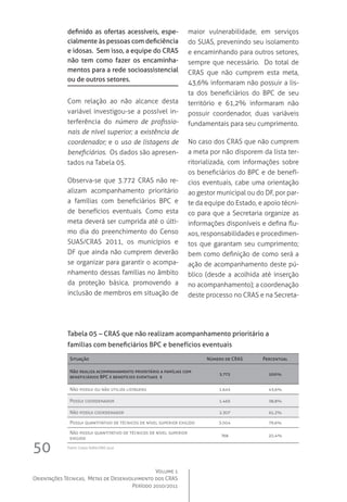 Volume 1
Orientações Técnicas,  Metas de Desenvolvimento dos CRAS
Período 2010/2011
50
definido as ofertas acessíveis, espe-
cialmente às pessoas com deficiência
e idosas. Sem isso, a equipe do CRAS
não tem como fazer os encaminha-
mentos para a rede socioassistencial
ou de outros setores.
Com relação ao não alcance desta
variável investigou-se a possível in-
terferência do número de profissio-
nais de nível superior; a existência de
coordenador; e o uso de listagens de
beneficiários. Os dados são apresen-
tados na Tabela 05.
Observa-se que 3.772 CRAS não re-
alizam acompanhamento prioritário
a famílias com beneficiários BPC e
de benefícios eventuais. Como esta
meta deverá ser cumprida até o últi-
mo dia do preenchimento do Censo
SUAS/CRAS 2011, os municípios e
DF que ainda não cumprem deverão
se organizar para garantir o acompa-
nhamento dessas famílias no âmbito
da proteção básica, promovendo a
inclusão de membros em situação de
maior vulnerabilidade, em serviços
do SUAS, prevenindo seu isolamento
e encaminhando para outros setores,
sempre que necessário.  Do total de
CRAS que não cumprem esta meta,
43,6% informaram não possuir a lis-
ta dos beneficiários do BPC de seu
território e 61,2% informaram não
possuir coordenador, duas variáveis
fundamentais para seu cumprimento.
No caso dos CRAS que não cumprem
a meta por não disporem da lista ter-
ritorializada, com informações sobre
os beneficiários do BPC e de benefí-
cios eventuais, cabe uma orientação
ao gestor municipal ou do DF, por par-
te da equipe do Estado, e apoio técni-
co para que a Secretaria organize as
informações disponíveis e defina flu-
xos, responsabilidades e procedimen-
tos que garantam seu cumprimento;
bem como definição de como será a
ação de acompanhamento deste pú-
blico (desde a acolhida até inserção
no acompanhamento); a coordenação
deste processo no CRAS e na Secreta-
Tabela 05 – CRAS que não realizam acompanhamento prioritário a
famílias com beneficiários BPC e benefícios eventuais
Situação Número de CRAS Percentual
Não realiza acompanhamento prioritário a famílias com
beneficiários BPC e benefícios eventuais e
3.772 100%
Não possui ou não utiliza listagens 1.645 43,6%
Possui coordenador 1.465 38,8%
Não possui coordenador 2.307 61,2%
Possui quantitativo de técnicos de nível superior exigido 3.004 79,6%
Não possui quantitativo de técnicos de nível superior
exigido
768 20,4%
Fonte: Censo SUAS/CRAS 2010
 