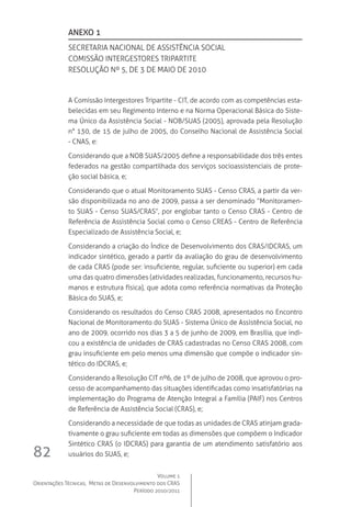 Volume 1
Orientações Técnicas,  Metas de Desenvolvimento dos CRAS
Período 2010/2011
82
Anexo 1
SECRETARIA NACIONAL DE ASSISTÊNCIA SOCIAL
COMISSÃO INTERGESTORES TRIPARTITE
RESOLUÇÃO nº 5, DE 3 DE MAIO DE 2010
A Comissão Intergestores Tripartite - CIT, de acordo com as competências esta-
belecidas em seu Regimento Interno e na Norma Operacional Básica do Siste-
ma Único da Assistência Social - NOB/SUAS (2005), aprovada pela Resolução
n° 130, de 15 de julho de 2005, do Conselho Nacional de Assistência Social
- CNAS, e:
Considerando que a NOB SUAS/2005 define a responsabilidade dos três entes
federados na gestão compartilhada dos serviços socioassistenciais de prote-
ção social básica, e;
Considerando que o atual Monitoramento SUAS - Censo CRAS, a partir da ver-
são disponibilizada no ano de 2009, passa a ser denominado “Monitoramen-
to SUAS - Censo SUAS/CRAS”, por englobar tanto o Censo CRAS - Centro de
Referência de Assistência Social como o Censo CREAS - Centro de Referência
Especializado de Assistência Social, e;
Considerando a criação do Índice de Desenvolvimento dos CRAS/IDCRAS, um
indicador sintético, gerado a partir da avaliação do grau de desenvolvimento
de cada CRAS (pode ser: insuficiente, regular, suficiente ou superior) em cada
uma das quatro dimensões (atividades realizadas, funcionamento, recursos hu-
manos e estrutura física), que adota como referência normativas da Proteção
Básica do SUAS, e;
Considerando os resultados do Censo CRAS 2008, apresentados no Encontro
Nacional de Monitoramento do SUAS - Sistema Único de Assistência Social, no
ano de 2009, ocorrido nos dias 3 a 5 de junho de 2009, em Brasília, que indi-
cou a existência de unidades de CRAS cadastradas no Censo CRAS 2008, com
grau insuficiente em pelo menos uma dimensão que compõe o indicador sin-
tético do IDCRAS, e;
Considerando a Resolução CIT nº6, de 1º de julho de 2008, que aprovou o pro-
cesso de acompanhamento das situações identificadas como insatisfatórias na
implementação do Programa de Atenção Integral a Família (PAIF) nos Centros
de Referência de Assistência Social (CRAS), e;
Considerando a necessidade de que todas as unidades de CRAS atinjam grada-
tivamente o grau suficiente em todas as dimensões que compõem o Indicador
Sintético CRAS (o IDCRAS) para garantia de um atendimento satisfatório aos
usuários do SUAS, e;
 