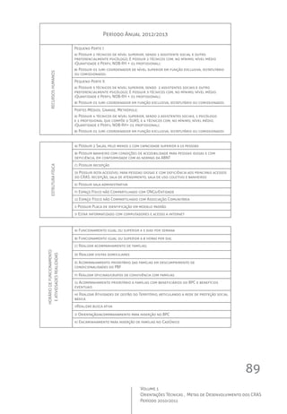 89
Volume 1
Orientações Técnicas ,  Metas de Desenvolvimento dos CRAS
Período 2010/2011
	
Período Anual 2012/2013
RECURSOSHUMANOS
Pequeno Porte I:
a) Possuir 2 técnicos de nível superior, sendo 1 assistente social e outro
preferencialmente psicólogo; E possuir 2 técnicos com, no mínimo, nível médio
(Quantidade e Perfil NOB-RH + 01 profissional);
b) Possuir 01 (um) coordenador de nível superior em função exclusiva, (estatutário
ou comissionado).
Pequeno Porte II:
a) Possuir 3 técnicos de nível superior, sendo  2 assistentes sociais e outro
preferencialmente psicólogo; E possuir 3 técnicos com, no mínimo, nível médio.
(Quantidade e Perfil NOB-RH + 01 profissional);
b) Possuir 01 (um) coordenador em função exclusiva, (estatutário ou comissionado).
Portes Médios, Grande, Metrópole:
a) Possuir 4 técnicos de nível superior, sendo 2 assistentes sociais, 1 psicólogo
e 1 profissional que compõe o SUAS; e 4 técnicos com, no mínimo, nível médio.
(Quantidade e Perfil NOB-RH+ 01 profissional);
b) Possuir 01 (um) coordenador em função exclusiva, (estatutário ou comissionado).
ESTRUTURAFÍSICA
a) Possuir 2 Salas, pelo menos 1 com capacidade superior a 15 pessoas
b) Possuir banheiro com condições de acessibilidade para pessoas idosas e com
deficiência, em conformidade com as normas da ABNT
c) Possuir recepção
d) Possuir rota acessível para pessoas idosas e com deficiência aos principais acessos
do CRAS: recepção, sala de atendimento, sala de uso coletivo e banheiros
e) Possuir sala administrativa
f) Espaço Físico não Compartilhado com ONGs/Entidade
g) Espaço Físico não Compartilhado com Associação Comunitária
i) Possuir Placa de identificação em modelo padrão
j) Estar informatizado com computadores e acesso a internet
HORÁRIODEFUNCIONAMENTO
EATIVIDSADESREALIZADAS
a) Funcionamento igual ou superior a 5 dias por semana  
b) Funcionamento igual ou superior a 8 horas por dia;
c) Realizar acompanhamento de famílias;
d) Realizar visitas domiciliares
e) Acompanhamento prioritário das famílias em descumprimento de
condicionalidades do PBF
f) Realizar oficinas/grupos de convivência com famílias
g) Acompanhamento prioritário a famílias com beneficiários do BPC e benefícios
eventuais
h) Realizar Atividades de gestão do Território, articulando a rede de proteção social
básica
i)Realizar busca ativa
j) Orientação/acompanhamento para inserção no BPC
k) Encaminhamento para inserção de famílias no CadÚnico
 