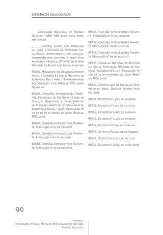 Volume 1
Orientações Técnicas,  Metas de Desenvolvimento dos CRAS
Período 2010/2011
90
	 Associação Brasileira de Normas
Técnicas - ABNT NBR 9050: 2004. www.
abnt.org.br.
_______CASTRO, Flavio José Rodrigues
de. CRAS: a melhoria da estrutura físi-
ca para o aprimoramento dos serviços:
orientação para gestores e projetistas
municipais – Brasília, DF: MDS, Secretaria
Nacional de Assistencia Social, 2009. 56p.
BRASIL. Ministério do Desenvolvimento
Social e Combate à Fome. A Melhoria da
Estrutura Física para o Aprimoramento
dos Serviços”. 1 ed. Brasília: MDS, 2009;
Página 40.
BRASIL. Comissão Intergestores Tripar-
tite. Protocolo de Gestão Integrada de
Serviços, Benefícios e Transferências
de Renda no âmbito do Sistema Único de
Assistência Social - SUAS (Resolução Nº
07, de 10 de setembro de 2009). Brasília,
MDS: 2009.
BRASIL. Comissão Intergestores Triparti-
te. Resolução nº 01 de 18/04/07.
BRASIL. Comissão Intergestores Triparti-
te. Resolução nº05 de 06/12/07.
BRASIL. Comissão Intergestores Triparti-
te. Resolução nº 06 de 01/07/08.
BRASIL. Comissão Intergestores Triparti-
te.  Resolução nº 07 de 19/08/08.
BRASIL. Comissão Intergestores Triparti-
te. Resolução n° 05 de 03/05/10.
BRASIL. Comissão Intergestores Triparti-
te. Resolução n° 08 de 14/07/10.
BRASIL. Conselho Nacional de Assistên-
cia Social. Tipificação Nacional de Ser-
viços Socioassistenciais (Resolução Nº
109, de 11 de novembro de 2009). Brasí-
lia, MDS: 2009.
BRASIL. Constituição da República Fede-
rativa do Brasil. Brasília: Senado Fede-
ral, 1988
BRASIL. Decreto nº 1.605, de 25/08/95.
BRASIL. Decreto n° 3.877, de 24/07/01.
BRASIL. Decreto nº 5.085, de 19/05/04
BRASIL. Decreto n° 5.209, de 17/09/04.
BRASIL. Decreto n°5.296, de 02/12/04.
BRASIL. Decreto n°6.214, de 26/09/2007.
BRASIL. Decreto nº 6.307, de 14/12/07.
BRASIL. Decreto n° 6.564, de 12/09/2008.
Referências Bibliográficas
 