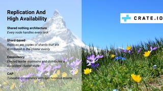 Replication And
High Availability
Shared nothing architecture
Every node handles every task
Shard-based
Replicas are copies of shards that are
distributed in the cluster evenly
Consistency
Elected leader maintains and distributes a
consistent cluster state
CAP
Tuneable consistency with synchronous inserts
@claus__m
 