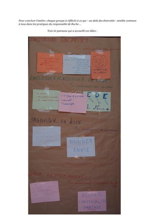 Pour	
  conclure	
  l’atelier,	
  chaque	
  groupe	
  à	
  réfléchi	
  à	
  ce	
  qui	
  –	
  au	
  delà	
  des	
  diversités	
  -­‐	
  semble	
  commun	
  
à	
  tous	
  dans	
  les	
  pratiques	
  du	
  responsable	
  de	
  Ruche	
  ...	
  	
  
	
  
	
   Voici	
  le	
  panneau	
  qui	
  a	
  accueilli	
  ces	
  idées	
  :	
  	
  
	
  
	
  
	
  
	
  
	
  
	
  
	
  
	
  
	
  
	
  
	
  
	
  
	
  
	
   	
  
	
  
	
  
	
  
	
  
	
  
	
  
	
  
	
  
	
  
	
  
	
  
	
  
	
  
	
  
	
  
	
  
	
  
	
  
	
  
	
  
	
  
	
  
	
  
	
  
	
  
	
  
	
  
	
  
	
  
	
  
	
  
	
  
	
  
	
  
 