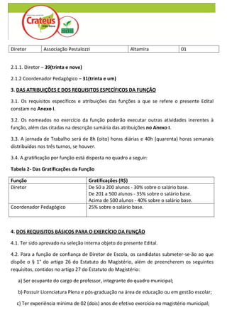 Diretor        Associação Pestalozzi                    Altamira              01


2.1.1. Diretor – 39(trinta e nove)

2.1.2 Coordenador Pedagógico – 31(trinta e um)

3. DAS ATRIBUIÇÕES E DOS REQUISITOS ESPECÍFICOS DA FUNÇÃO

3.1. Os requisitos específicos e atribuições das funções a que se refere o presente Edital
constam no Anexo I.

3.2. Os nomeados no exercício da função poderão executar outras atividades inerentes à
função, além das citadas na descrição sumária das atribuições no Anexo I.

3.3. A jornada de Trabalho será de 8h (oito) horas diárias e 40h (quarenta) horas semanais
distribuídos nos três turnos, se houver.

3.4. A gratificação por função está disposta no quadro a seguir:

Tabela 2- Das Gratificações da Função

Função                               Gratificações (R$)
Diretor                              De 50 a 200 alunos - 30% sobre o salário base.
                                     De 201 a 500 alunos - 35% sobre o salário base.
                                     Acima de 500 alunos - 40% sobre o salário base.
Coordenador Pedagógico               25% sobre o salário base.



4. DOS REQUISITOS BÁSICOS PARA O EXERCÍCIO DA FUNÇÃO

4.1. Ter sido aprovado na seleção interna objeto do presente Edital.

4.2. Para a função de confiança de Diretor de Escola, os candidatos submeter-se-ão ao que
dispõe o § 1° do artigo 26 do Estatuto do Magistério, além de preencherem os seguintes
requisitos, contidos no artigo 27 do Estatuto do Magistério:

   a) Ser ocupante do cargo de professor, integrante do quadro municipal;

   b) Possuir Licenciatura Plena e pós-graduação na área de educação ou em gestão escolar;

  c) Ter experiência mínima de 02 (dois) anos de efetivo exercício no magistério municipal;
 