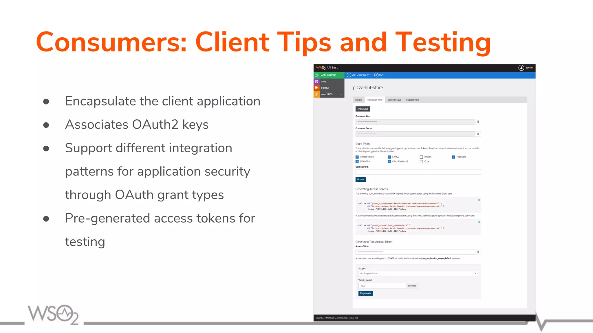 Consumers: Client Tips and Testing
● Encapsulate the client application
● Associates OAuth2 keys
● Support different integration
patterns for application security
through OAuth grant types
● Pre-generated access tokens for
testing
 