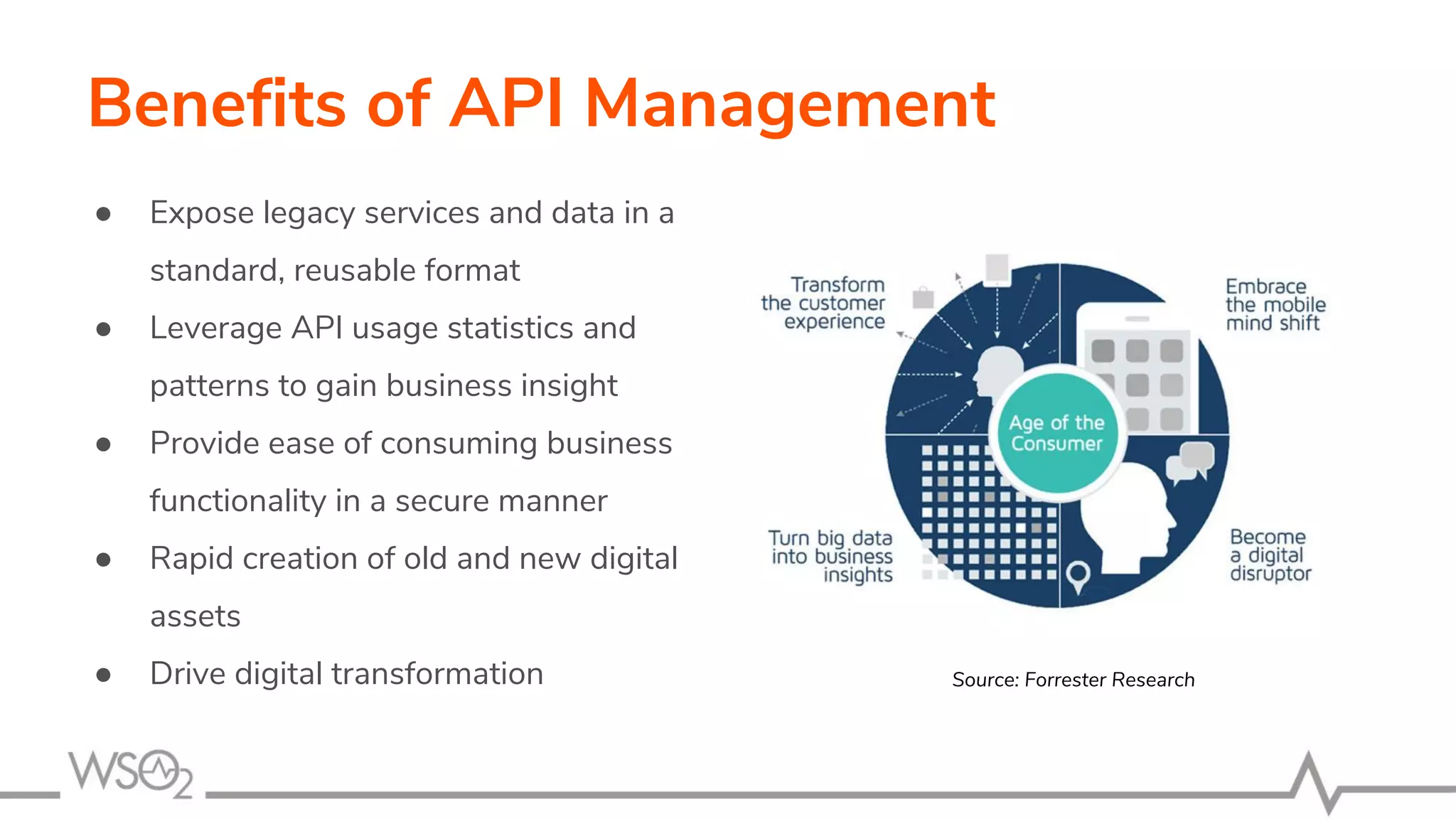 Benefits of API Management
● Expose legacy services and data in a
standard, reusable format
● Leverage API usage statistics and
patterns to gain business insight
● Provide ease of consuming business
functionality in a secure manner
● Rapid creation of old and new digital
assets
● Drive digital transformation Source: Forrester Research
 