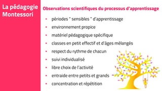La pédagogie
Montessori
▪ périodes “ sensibles ” d’apprentissage
▪ environnement propice
▪ matériel pédagogique spécifique
▪ classes en petit effectif et d’âges mélangés
▪ respect du rythme de chacun
▪ suivi individualisé
▪ libre choix de l’activité
▪ entraide entre petits et grands
▪ concentration et répétition
Observations scientifiques du processus d’apprentissage
 
