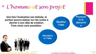 © 2013 _ Hajar EL GUERI – DUT AM & LP MO – Master à La création de l’entreprise au Maroc
+
14
Une fois l’évaluation est réalisée, le
porteur pourra statuer sur les suites à
donner à son idée de création.
Trois choix sont possibles :
L’homme et son projet
Poursuiv
re la
démarch
e
Modifier
l’idée
Abandonn
er l’idée
 