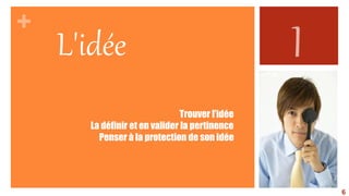 L'idée
Trouver l’idée
La définir et en valider la pertinence
Penser à la protection de son idée
6
 
