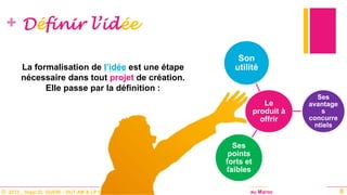 © 2013 _ Hajar EL GUERI – DUT AM & LP MO – Master à La création de l’entreprise au Maroc
+ Définir l’idée
8
La formalisation de l’idée est une étape
nécessaire dans tout projet de création.
Elle passe par la définition :
Le
produit à
offrir
Ses
avantage
s
concurre
ntiels
Ses
points
forts et
faibles
Son
utilité
 