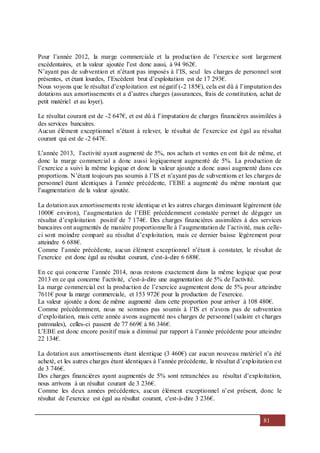 81
Pour l’année 2012, la marge commerciale et la production de l’exercice sont largement
excédentaires, et la valeur ajoutée l’est donc aussi, à 94 962€.
N’ayant pas de subvention et n’étant pas imposés à l’IS, seul les charges de personnel sont
présentes, et étant lourdes, l’Excèdent brut d’exploitation est de 17 293€.
Nous voyons que le résultat d’exploitation est négatif (-2 185€), cela est dû à l’imputation des
dotations aux amortissements et a d’autres charges (assurances, frais de constitution, achat de
petit matériel et au loyer).
Le résultat courant est de -2 647€, et est dû à l’imputation de charges financières assimilées à
des services bancaires.
Aucun élément exceptionnel n’étant à relever, le résultat de l’exercice est égal au résultat
courant qui est de -2 647€.
L’année 2013, l’activité ayant augmenté de 5%, nos achats et ventes en ont fait de même, et
donc la marge commercial a donc aussi logiquement augmenté de 5%. La production de
l’exercice a suivi la même logique et donc la valeur ajoutée a donc aussi augmenté dans ces
proportions. N’étant toujours pas soumis à l’IS et n’ayant pas de subventions et les charges de
personnel étant identiques à l’année précédente, l’EBE a augmenté du même montant que
l’augmentation de la valeur ajoutée.
La dotation aux amortissements reste identique et les autres charges diminuant légèrement (de
1000€ environ), l’augmentation de l’EBE précédemment constatée permet de dégager un
résultat d’exploitation positif de 7 174€. Des charges financières assimilées à des services
bancaires ont augmentés de manière proportionnelle à l’augmentation de l’activité, mais celle-
ci sont moindre comparé au résultat d’exploitation, mais ce dernier baisse légèrement pour
atteindre 6 688€.
Comme l’année précédente, aucun élément exceptionnel n’étant à constater, le résultat de
l’exercice est donc égal au résultat courant, c'est-à-dire 6 688€.
En ce qui concerne l’année 2014, nous restons exactement dans la même logique que pour
2013 en ce qui concerne l’activité, c'est-à-dire une augmentation de 5% de l’activité.
La marge commercial est la production de l’exercice augmentent donc de 5% pour atteindre
7611€ pour la marge commerciale, et 153 972€ pour la production de l’exercice.
La valeur ajoutée a donc de même augmenté dans cette proportion pour arriver à 108 480€.
Comme précédemment, nous ne sommes pas soumis à l’IS et n’avons pas de subvention
d’exploitation, mais cette année avons augmenté nos charges de personnel (salaire et charges
patronales), celles-ci passent de 77 669€ à 86 346€.
L’EBE est donc encore positif mais a diminué par rapport à l’année précédente pour atteindre
22 134€.
La dotation aux amortissements étant identique (3 460€) car aucun nouveau matériel n’a été
acheté, et les autres charges étant identiques à l’année précédente, le résultat d’exploitation est
de 3 746€.
Des charges financières ayant augmentés de 5% sont retranchées au résultat d’exploitation,
nous arrivons à un résultat courant de 3 236€.
Comme les deux années précédentes, aucun élément exceptionnel n’est présent, donc le
résultat de l’exercice est égal au résultat courant, c'est-à-dire 3 236€.
 
