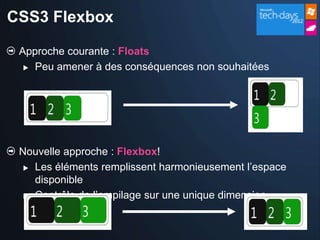 CSS3 Flexbox

 Approche courante : Floats
   Peu amener à des conséquences non souhaitées




 Nouvelle approche : Flexbo...