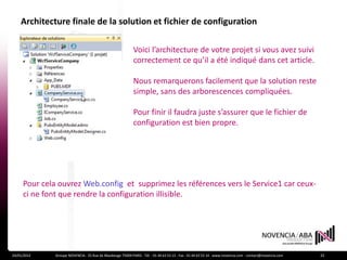 Architecture finale de la solution et fichier de configuration

                                                            Voici l’architecture de votre projet si vous avez suivi
                                                            correctement ce qu’il a été indiqué dans cet article.

                                                            Nous remarquerons facilement que la solution reste
                                                            simple, sans des arborescences compliquées.

                                                            Pour finir il faudra juste s’assurer que le fichier de
                                                            configuration est bien propre.




     Pour cela ouvrez Web.config et supprimez les références vers le Service1 car ceux-
     ci ne font que rendre la configuration illisible.




24/01/2012    Groupe NOVENCIA - 25 Rue de Maubeuge 75009 PARIS - Tél. : 01 44 63 53 13 - Fax : 01 44 63 53 14 - www.novencia.com - contact@novencia.com   22
 
