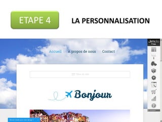 ETAPE	
  2	
  
4.	
  Choisissez	
  votre	
  nom	
  de	
  domaine,	
  c’est-­‐à-­‐dire	
  le	
  nom	
  
de	
  votre	
  site	
  web	
  (en	
  version	
  gratuite,	
  il	
  se	
  terminera	
  
obligatoirement	
  par	
  .jimdo.com)	
  
	
  
 