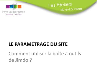 Créez	
  VOTRE	
  
arborescence!	
  
	
  
1.  Passez	
  votre	
  souris	
  sur	
  
le	
  1er	
  niveau	
  de	
  menu	
  
(ici,	
  l’accès	
  par	
  langue)	
  
2.  Jimdo	
  vous	
  propose	
  de	
  
Modiﬁer	
  la	
  navigaCon	
  
3.  	
  Cliquez	
  dessus	
  
Il	
  s’agit	
  des	
  diﬀérents	
  niveaux	
  de	
  menus	
  qui	
  vont	
  composer	
  les	
  pages	
  de	
  votre	
  site	
  web.	
  
Vous	
  avez	
  droit	
  à	
  3	
  niveaux	
  de	
  menus,	
  c’est-­‐à-­‐dire	
  :	
  
Ø 	
  un	
  menu	
  principal	
  
Ø 	
  des	
  sous-­‐menus	
  
Ø 	
  et	
  des	
  sous-­‐sous-­‐menus	
  
L’arborescence,	
  c’est	
  le	
  squele]e	
  du	
  site.	
  
 