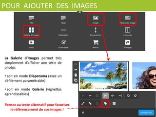 Les	
   Titres	
   permefent	
   de	
   structurer	
   votre	
  
texte	
  (3	
  niveaux	
  de	
  Ctres)	
  
-­‐ 	
  visuellement	
  pour	
  l’internaute	
  qui	
  va	
  le	
  lire	
  
-­‐ 	
  techniquement	
  pour	
  les	
  moteurs	
  de	
  recherche	
  qui	
  vont	
  
les	
  reconnaître	
  comme	
  des	
  éléments	
  importants	
  de	
  la	
  
page.	
  
Le	
   Texte	
   s’uClise	
   de	
   la	
   même	
   façon	
   que	
   les	
  
logiciels	
  de	
  traitement	
  de	
  texte	
  type	
  Word.	
  
	
  
POUR	
  	
  AJOUTER	
  	
  DU	
  	
  TEXTE	
  
Pour	
  modiﬁer	
  le	
  style	
  par	
  
défaut	
  de	
  vos	
  Vtres	
  et	
  
textes,	
  cliquez	
  sur	
  la	
  
rubrique	
  STYLE	
  
 