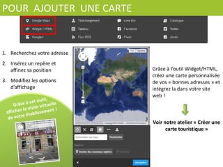 POUR	
  	
  AJOUTER	
  	
  DES	
  	
  IMAGES	
  
La	
  Galerie	
  d’Images	
  permet	
  très	
  simplement	
  
d’aﬃcher	
  une	
  série	
  de	
  photos…	
  
• 	
  soit	
  en	
  mode	
  pêle-­‐mêle	
  Horizontal	
  (priorité	
  
aux	
  photos	
  orientaCon	
  paysage)	
  
• 	
   soit	
   en	
   mode	
   pêle-­‐mêle	
   VerVcal	
   (priorité	
  
aux	
  photos	
  orientaCon	
  portrait)	
  
•  	
   soit	
   en	
   mode	
   Grille	
   (vignefes	
  
agrandissables)	
  
• 	
   soit	
   en	
   mode	
   Slider	
   (avec	
   un	
   déﬁlement	
  
paramétrable)	
  
Pensez	
  au	
  texte	
  alternaVf	
  pour	
  favoriser	
  le	
  
référencement	
  de	
  vos	
  images	
  !	
  
(cf	
  Aﬃchage	
  Liste	
  pour	
  +	
  d’op,ons)	
  
 