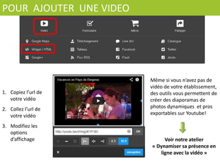 POUR	
  	
  UTILISER	
  LES	
  OUTILS	
  	
  JIMDO	
  
Formulaire	
   :	
   permet	
   très	
   simplement	
   de	
  
créer	
   un	
   formulaire	
   de	
   contact	
   et/ou	
   de	
  
réservaCon.	
  AfenCon	
  au	
  paramétrage!	
  
Flux	
  RSS	
  :	
  permet	
  de	
  récupérer	
  et	
  d’intégrer	
  
à	
  votre	
  site	
  les	
  ﬂux	
  RSS	
  issus	
  de	
  blogs.	
  
Téléchargement	
   :	
   oﬀre	
   aux	
   internautes	
   la	
  
possibilité	
  de	
  télécharger	
  des	
  documents,	
  par	
  
exemple	
   la	
   plaquefe	
   de	
   présentaCon	
   de	
  
votre	
   établissement	
   ou	
   un	
   contrat	
   de	
  
locaCon.	
  (privilégiez	
  le	
  format	
  pdf	
  qui	
  ne	
  souﬀrira	
  
aucune	
   modiﬁcaCon	
   notamment	
   au	
   niveau	
   des	
  
polices	
  de	
  caractère)	
  
Livre	
   d’Or	
   :	
   oﬀre	
   aux	
   internautes	
   la	
  
possibilité	
   de	
   déposer	
   leur	
   avis	
   sur	
   votre	
  
établissement.	
  Pensez	
  néanmoins	
  à	
  proposer	
  des	
  
liens	
   vers	
   les	
   diﬀérents	
   sites	
   d’avis	
   (Tripadvisor,	
  
Dismoioù,	
   Vinivi,	
   etc…)	
   sur	
   lesquels	
   vous	
   êtes	
  
référencés.	
  
	
  
 